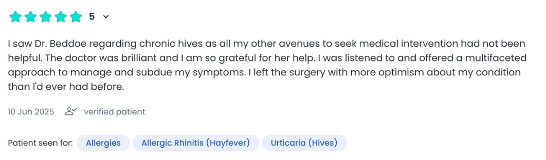 Dr Beddoe Patient with Hives review